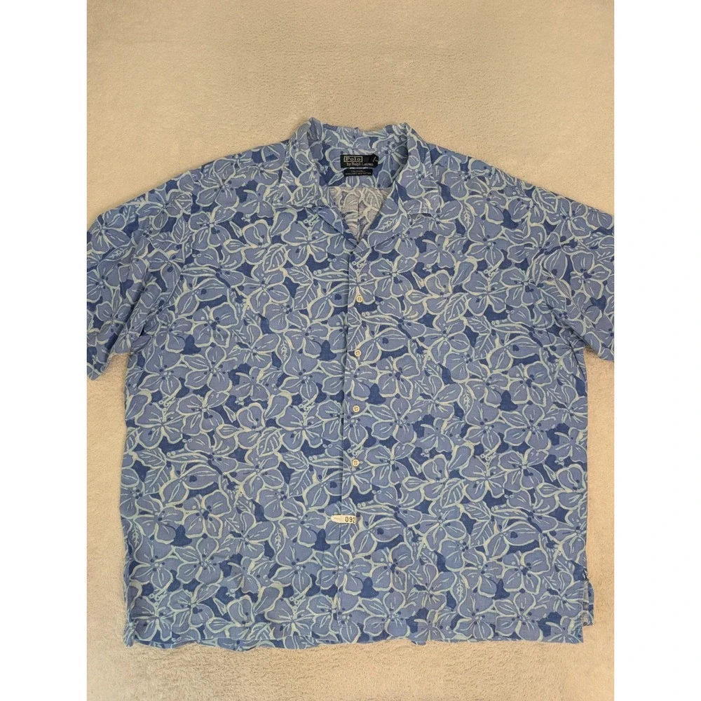 Vintage Polo Ralph Lauren Men's 2XL Linen Aloha Hawaiian Loop Floral Shirt‎ Blue
